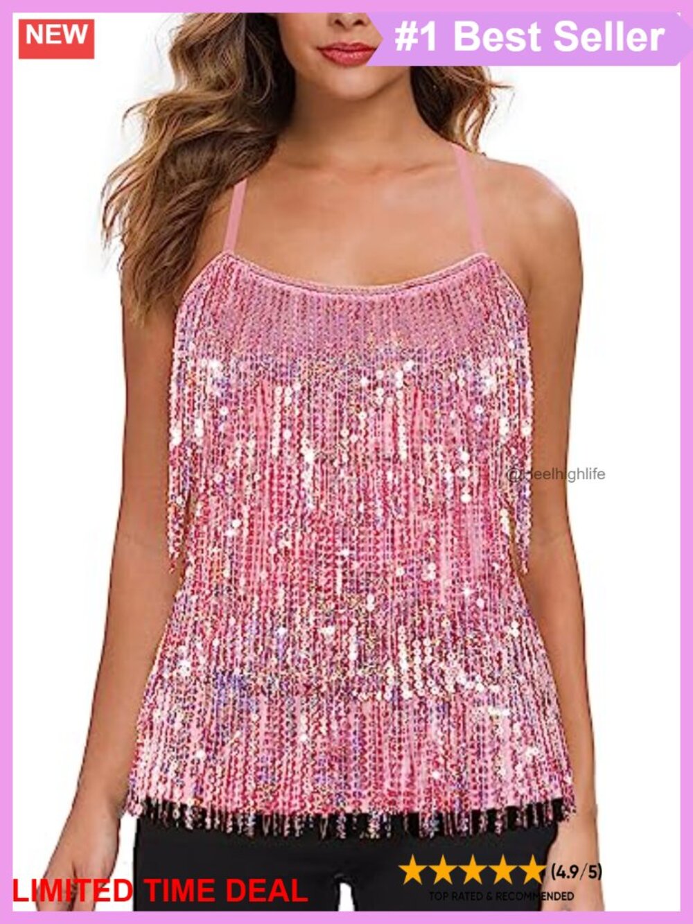 Sequin Fringe Tank Top Tassel Trim Adjustable Strap Party Cami
